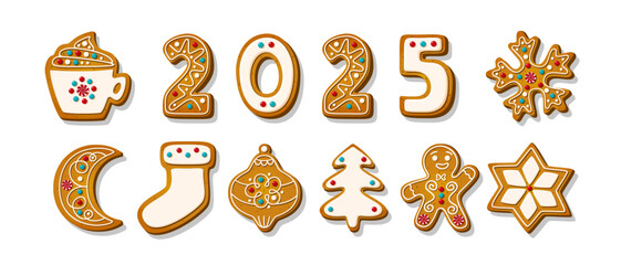 Christmas gingerbread cookies 2025 in cartoon style. Sweet biscuit in new year message isolated on white background. Cute Vector illustration © Olga Rai