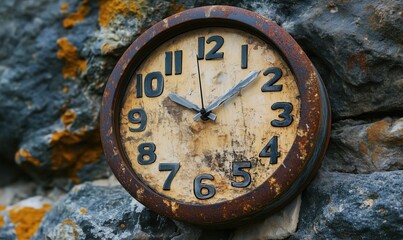 A rusted old clock with the hands on the number 3 and 9. The clock is on a wall next to a rock