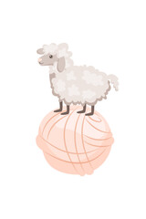 A cute cartoon sheep stands on a ball of yarn. The symbol of natural wool. Concept of handmade and hobby knitting. Vector illustration on white background.
