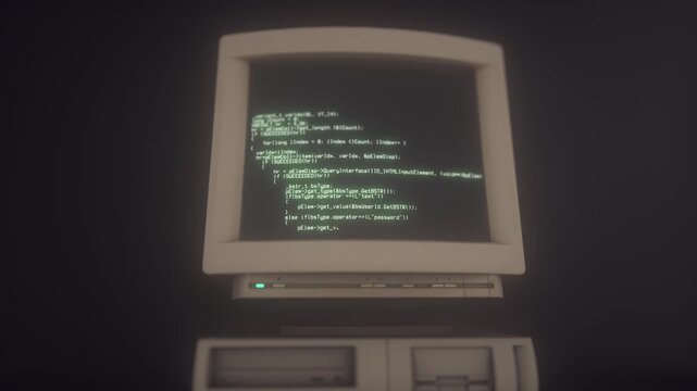 Retro personal computer or PC with source code running on screen, display. Old computer studio close-up
