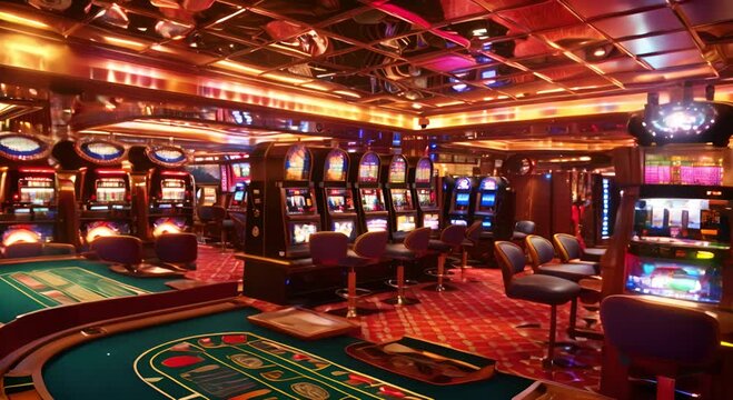 Vibrant Casino Interior with Slot Machines and a Roulette Table
