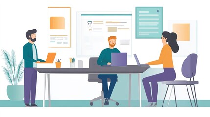 An office setting with employees efficiently managing tasks and collaborating on a project using digital tools