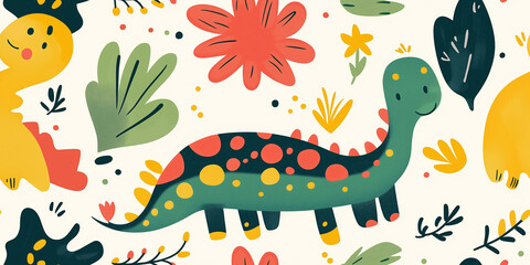 Obraz premium Whimsical dinosaur seamless pattern featuring playful illustrations of dinosaurs and plants in vibrant colors like green, yellow, and red, perfect for children's designs.