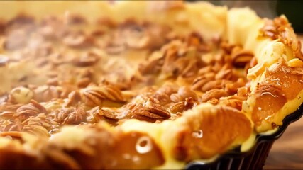 Freshly baked pecan pie, perfect for autumn desserts, culinary blogs. Golden crust warm pecan pie for seasonal menus. Steaming pecan pie, a classic fall treat for any occasion - Powered by Adobe