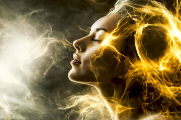 Portrait of a beautiful woman doing energy therapy session with abstract energy power flowing around her head.