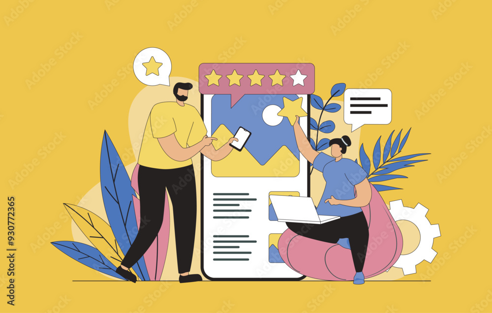 Poster Best feedback concept with modern flat design for web. Man and woman writing comments about customer experience and leaving high rating stars and likes in mobile application. Vector illustration.