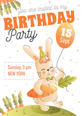 Childrens birthday invitation with a cute rabbit carrying a gift of carrots and holding a balloon. Vector