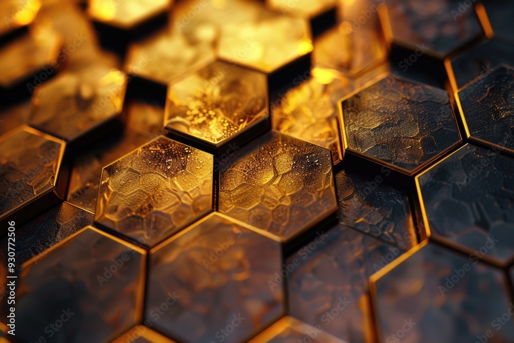 Poster a detailed view of interconnected golden hexagons, ideal for use in business presentations or produc