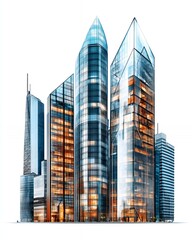 A modern skyline featuring sleek, glass skyscrapers with various architectural designs.