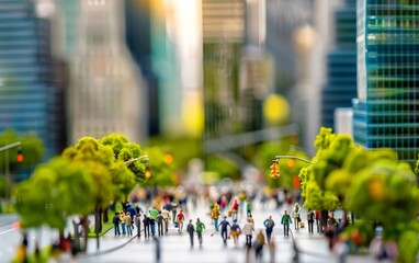 A vibrant tilt-shift photograph captures the bustling miniature cityscape, accentuating the lively ambiance among tiny figures.