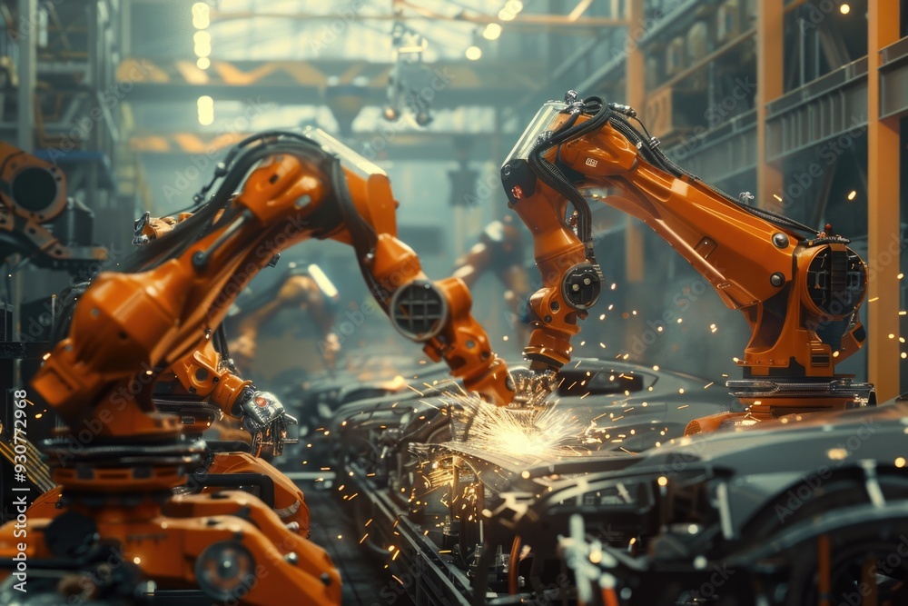 Poster group of robots welding and processing metal