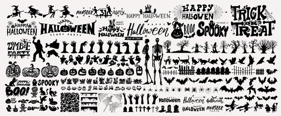 Big collection of silhouettes of Halloween. Horror set of Halloween sticker sketch set. Hand drawn doodle. Set of halloween and magic elements. Vector element Logo, Pumpkins, ghosts, skull, black cats