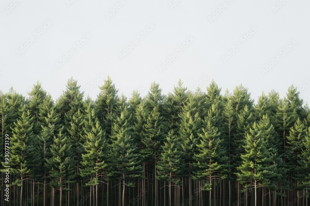 Poster a row of pine trees standing tall in a green field, perfect for nature and landscape uses