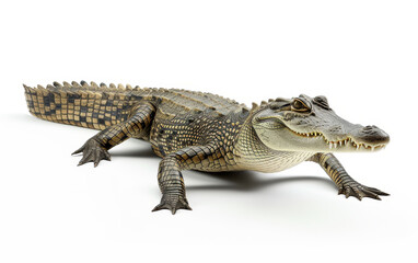 Fototapeta premium A detailed close-up of a crocodile, showcasing its textured skin and menacing appearance, isolated on a white background.