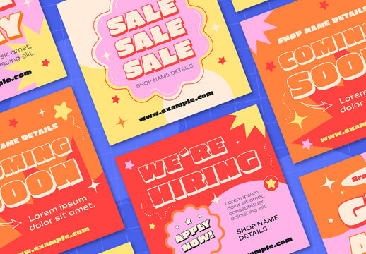 Pink and Orange Retro Promotional Social Media Post Set