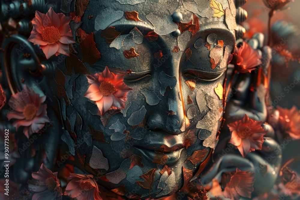Poster close-up view of a statue surrounded by colorful flowers
