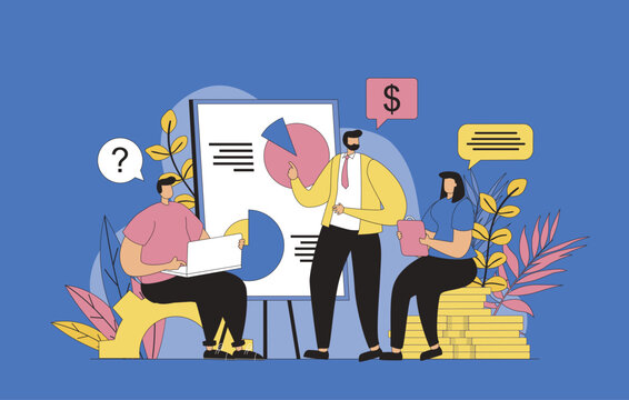 Business training concept with modern flat design for web. Colleagues listening to coach at business meeting, improving and learning professional skills for career development. Vector illustration.