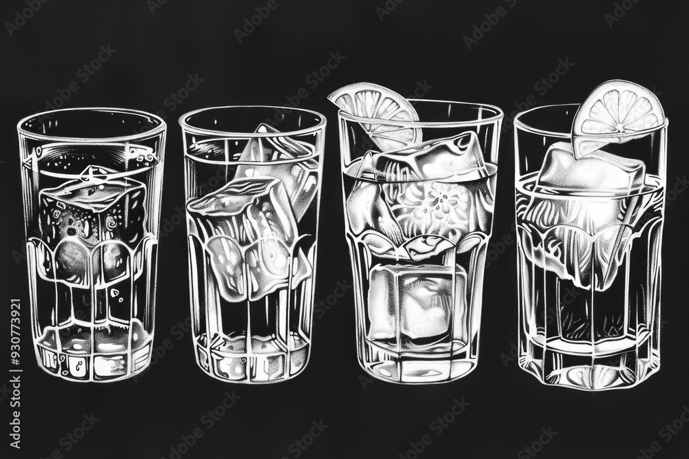 Poster a set of three glasses with different beverages: one with juice, one with soda, and one with coffee