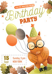Childrens birthday invitation with a cute owl holding festive balls with fall decor on a white background. Vector