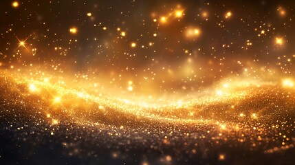Naklejka premium A shimmering golden abstract background with sparkling particles and waves of light.