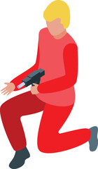 Laser tag player in red uniform kneeling and aiming with laser gun during game
