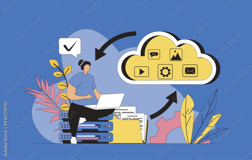 Aufkleber Cloud storage concept with modern flat design for web. Woman transfers content and files to cloud, creating data backup and opens access to users, managing digital files online. Vector illustration.