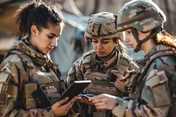 Fototapeta premium Group of women in military or police uniforms examining a mobile device
