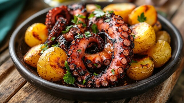 Polvo &agrave; Lagareiro (Octopus in Lagareiro): a Portuguese dish made from tender grilled octopus with beautiful rounded tentacles. Served with crispy new potatoes and garnished parsley.