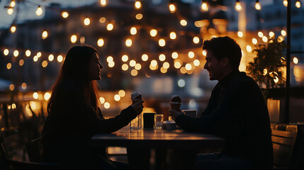 Couple enjoying ice cream together at a cozy outdoor setting with warm string lights in the evening