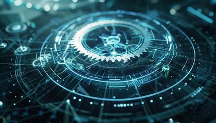 photo depicting digital futuristic gears rotating in a wireframe design, illustrating technological