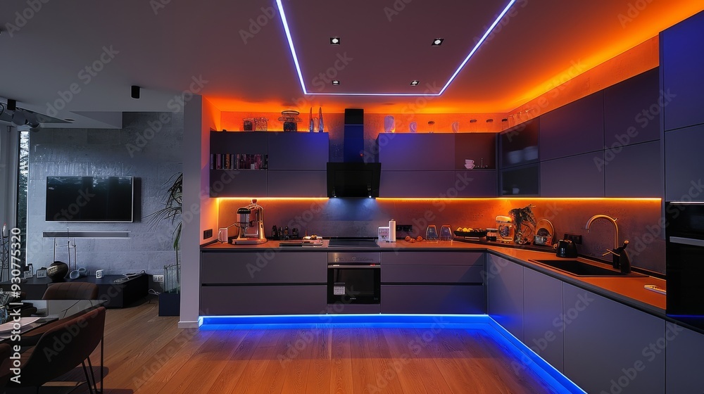 Sticker Create a cozy yet stylish kitchen with a small TV screen and LED strips installed above and below the