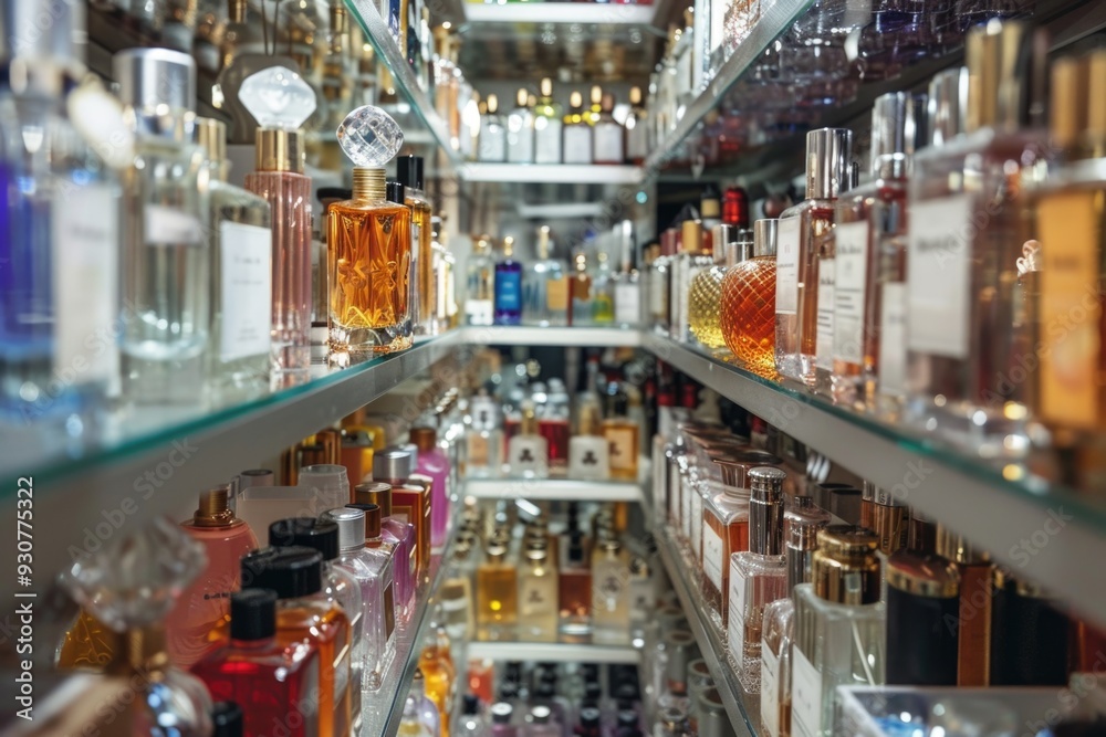 Poster a store filled with many bottles of perfume