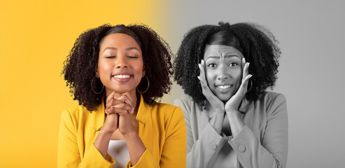 Duo image of African American woman posing on background, showing different emotions, hope and fear