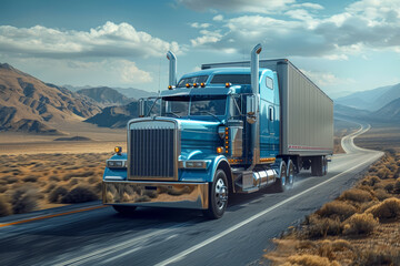 A blue semi truck drives along a scenic road. American national truck driver appreciation week poster.  