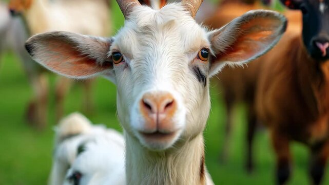 hoard of goats in green grass farmland