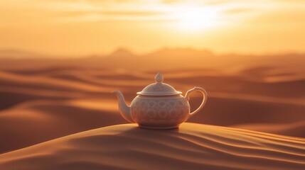 Metal teapot sits on sunlit desert sand dunes, illuminated by a warm, glowing sunset in the background.