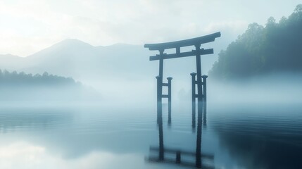 A serene image of a traditional Torii gate standing in misty water, surrounded by fog and distant mountains.