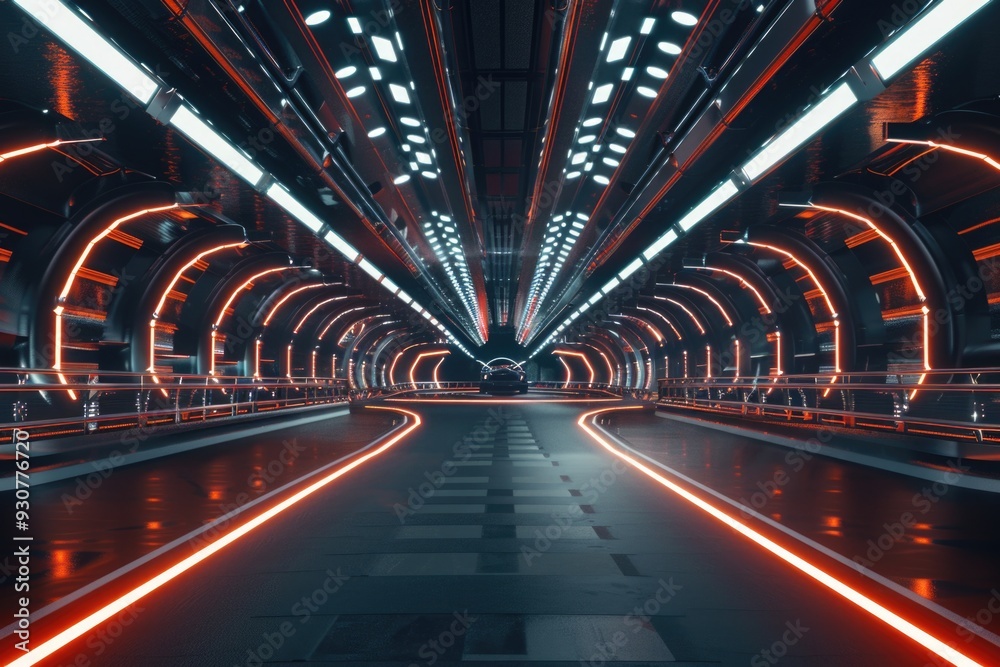 Poster a dark tunnel illuminated by neon lights with a checkered floor, perfect for use in nightlife or urb