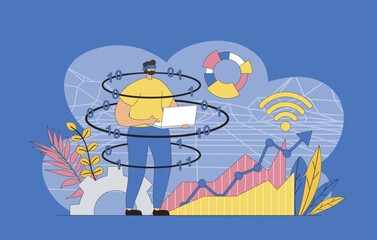 Cyberspace management concept with modern flat design for web. Man interacts with virtual data dashboard system displays, making analizing statistic, working in cyber reality. Vector illustration.