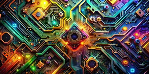 Obraz premium Vibrant circuit boards with intricate pathways and components seem to merge with swirling abstract shapes, creating a mesmerizing fusion of technology and art.
