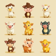 Fototapeta premium Cute Cartoon Farm Animals Set