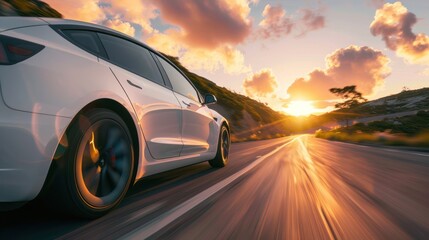 Fototapeta premium White Car Driving on a Winding Road at Sunset