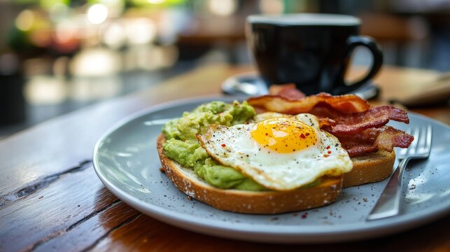 Close-up of a delicious breakfast with avocado toast topped with a fried egg and crispy bacon, served with coffee on the terrace of a modern café