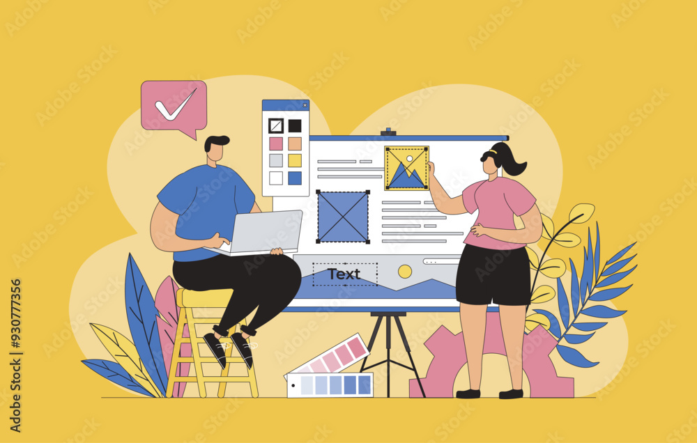 Poster Designers agency concept with modern flat design for web. Man and woman working on creative project, making graphics content and site layout elements, optimizating visual page. Vector illustration.