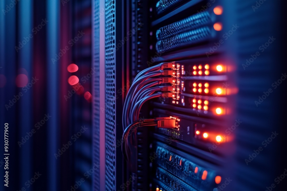 Poster closeup of a server rack features organized cables and illuminated connections, highlighting efficie