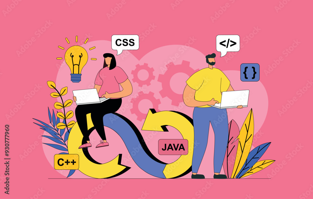 Aufkleber DevOps engineers team concept with modern flat design for web. Man and woman working together, programmers communicating and brainstorming, management and set up processes. Vector illustration.