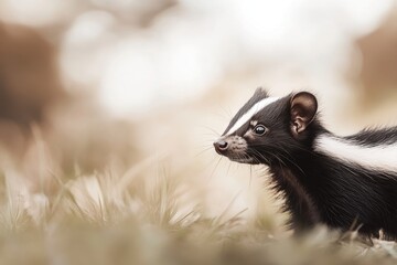 Fototapeta premium A small skunk stands alert in a grassy field, surveying its surroundings while the natural landscape creates a soft, blurred backdrop