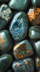 A stunning arrangement of polished forest green stones with intricate patterns and veins of blue and brown.