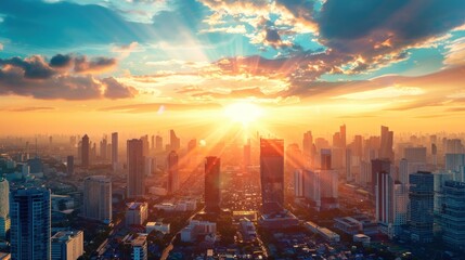 Fototapeta premium Golden hour bathes iconic skyline in warm hues, casting long shadows on towering skyscrapers