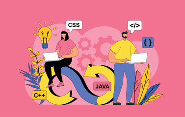 DevOps engineers team concept with modern flat design for web. Man and woman working together, programmers communicating and brainstorming, management and set up processes. Vector illustration.